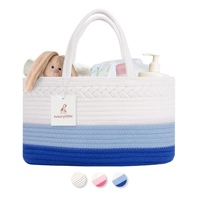 luxury little Diaper Caddy Organizer, Large Cotton Rope Nursery Baby Basket, Changing Table Organizer for Baby Diaper Storage, Portable Car Organizer Removable Divider (Blue, Large)