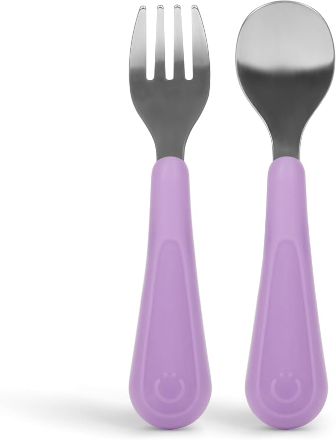 Ubbi Toddler Utensils Set, 2 Pack – Stainless Steel Fork & Spoon with Easy-Grip Silicone Handles, Kids Silverware for Self-Feeding & Baby-Led Weaning, BPA-Free Dishwasher Safe, Smoothie Purple