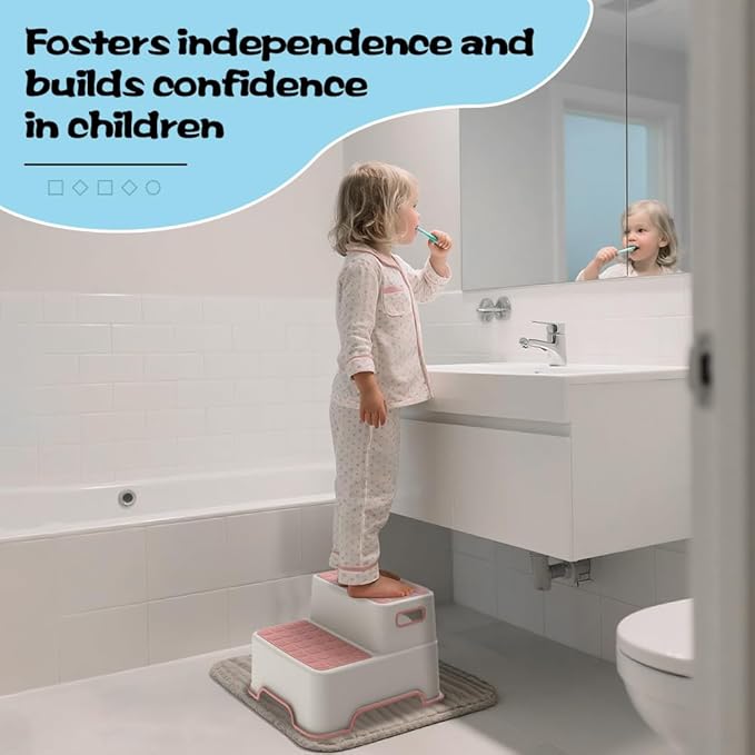 ZLMHYYM Toddler Step Stool for Bathroom Sink, 2 Pack Step Stool for Kids, Plastic Potty Training Toilet Stepping Stools, Child and Baby Lightweight&No-Slip Two Step Stools for Kitchen(Off-White/Pink)