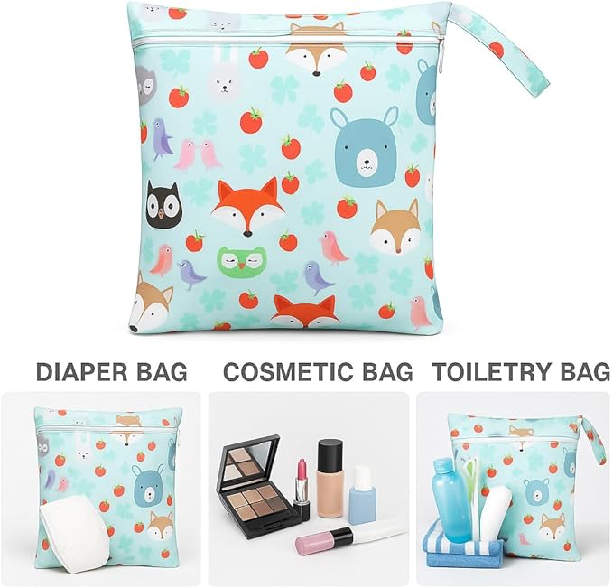 FANALALA Waterproof Wet Dry Bag, Reusable Diaper Pouch with Zipper, Machine Washable Travel Organizer for Beach, Daycare, Kids, Dinosaur Pattern (Red Fox)