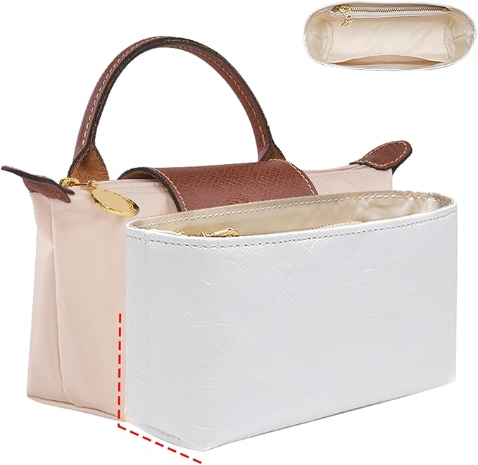 Doxo Mini Purse Organizer Insert for Longchamp-Le Pliage Original/Green Pouch, Lightweight Waterproof DupontPaper Mini Long Champ Bag Organizer Insert, Keeps Bags Shaped & NeatWhite, XS