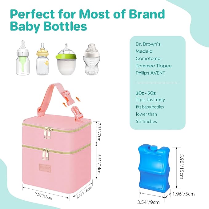 PIIOSER Insulated Baby Bottle Tote Bags with Ice Pack, Fits 4 Baby Bottles Up to 5 Ounce, Portable Breastmilk Cooler Travel Bag with Buckle for Nursing & Working Mom Daycare(Pink-XS)