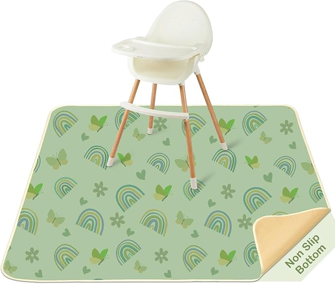 Splat Mat for Under High Chair 42 x 42 Inch Waterproof Baby Splash Mat with Non Slip Bottom Reusable Portable Highchair Mat for Floor Food Catcher for High Chair, Green Rainbow