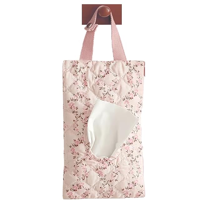 Quilted Baby Diaper and Wipes Pouch Portable Mommy Bag for Stroller Reusable Wipes Pouch with Lanyard for Casual Travel (Pink Flower)