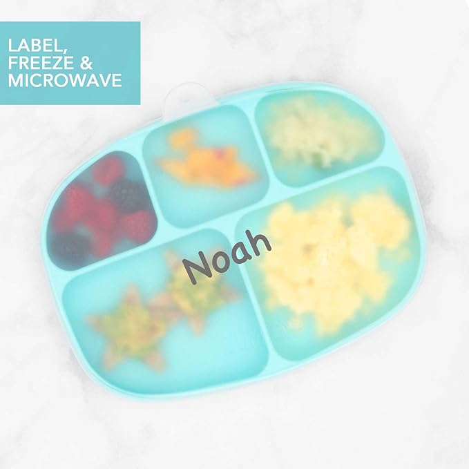 Bumkins Toddler and Baby Suction Plate, Silicone Divided Grip Dish and Lid, Large 5-Section Tray for Kids, Essentials in Children Feeding Supplies, Non Skid Stick Bottom, for Ages 6 Months Up, Blue
