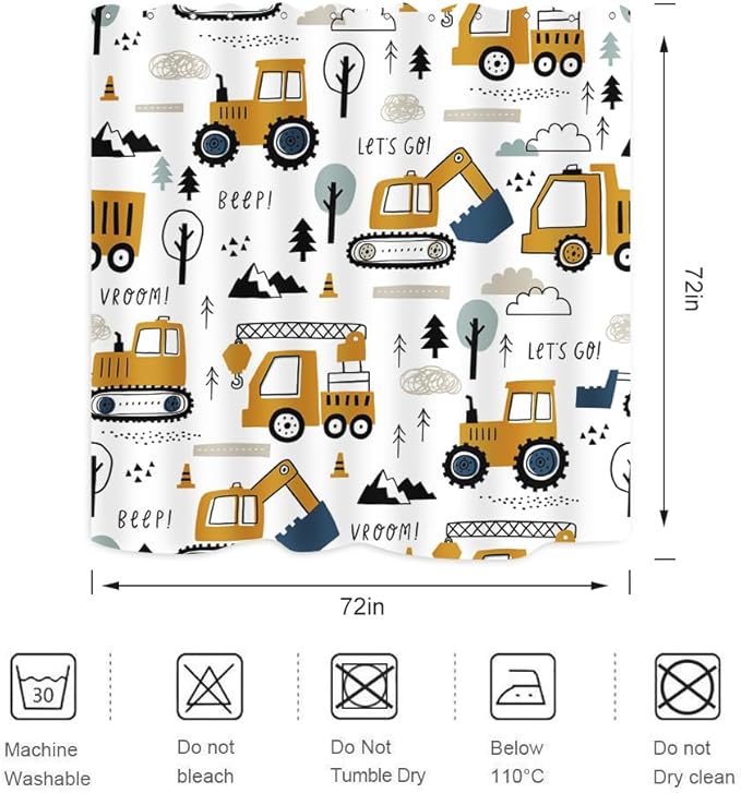 Construction Truck Shower Curtain Cartoon Excavator Vehicle Tractor Cars for Boys Kids Machinery Navy Blue Yellow Bathroom Decor Waterproof Fabric 72Lx72W Inch with Hooks