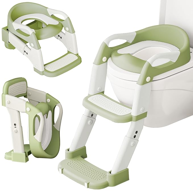 DEEKI 3 in 1 Potty Training Seat with Step Stool Ladder Foldable Anti-slip Toilet Chair Potty Seat for Toddlers Kids Boys Girls(Green)