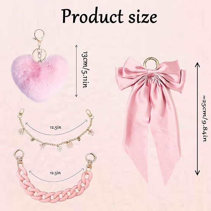CuddleJunk Bag Charms for Tote Bags, Satin Bow Keychain Kit Accessories for Yeti Camino, Fluffy Ball Gold Chains Charms for Women Purse Beach Handbag