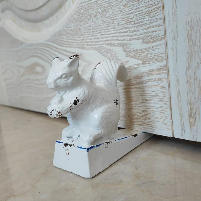 Cast Iron Heavy Door Stop, Cute Animal Shape Doorstop, Antique Style Decorative Door Stopper for Bottom of Door, Sturdy Door Stop Wedage and Floor Decor - White