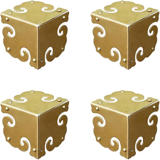 4Pcs Vintage Pure Brass Corner Protectors Antique Hardware Desk Edge Wooden Jewelry Gift Box Cabinet Three Sides Full Encase Corner Guard (Gold)