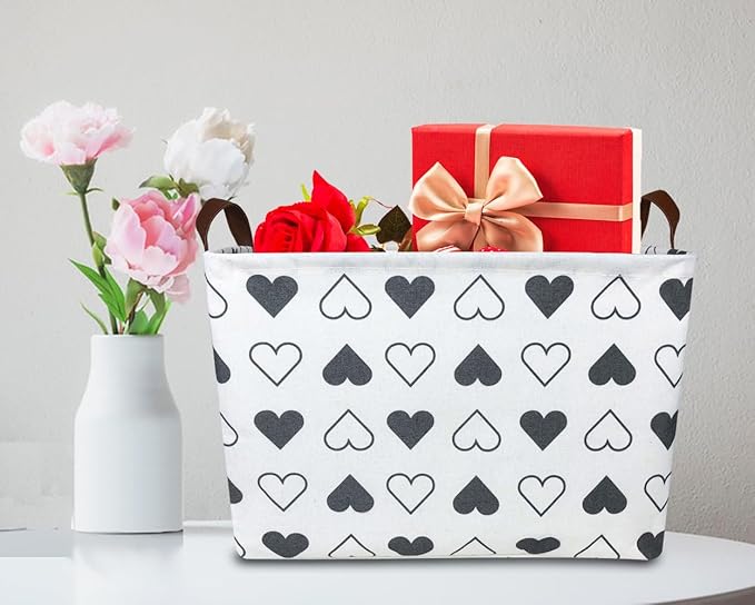 HKEC Rectangle Black Heart Print Storage Basket Empty with Handles, Kids Toys/Books Box, Gift Basket, Room Decor(Black Heart)