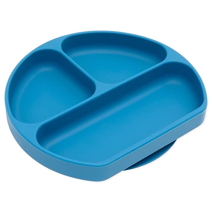 Bumkins Toddler and Baby Suction Plate, Divided Grip Dish for Babies and Kids, Baby Led Weaning, Feeding Supplies, Sticks to Tables and Highchairs, Platinum Silicone, for Children 6 Months, Dark Blue