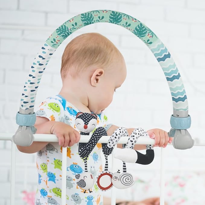Baby Stroller Arch Toys, Black and White Hanging Toy Activity Set, Stretch & Spiral Adjustable Clamp for Cribs & Car Seats, Includes Rattles, Squeaker & Teether for Newborns and Infants (02)
