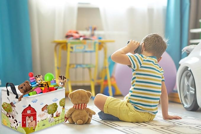 Sanjiaofen Rectangular Kids Baskets,Farm Baskets for Kids .Waterproof PE Coating Cute Basket with Handles.Boys Bins,Gifts Box,Books Basket. (Farm)