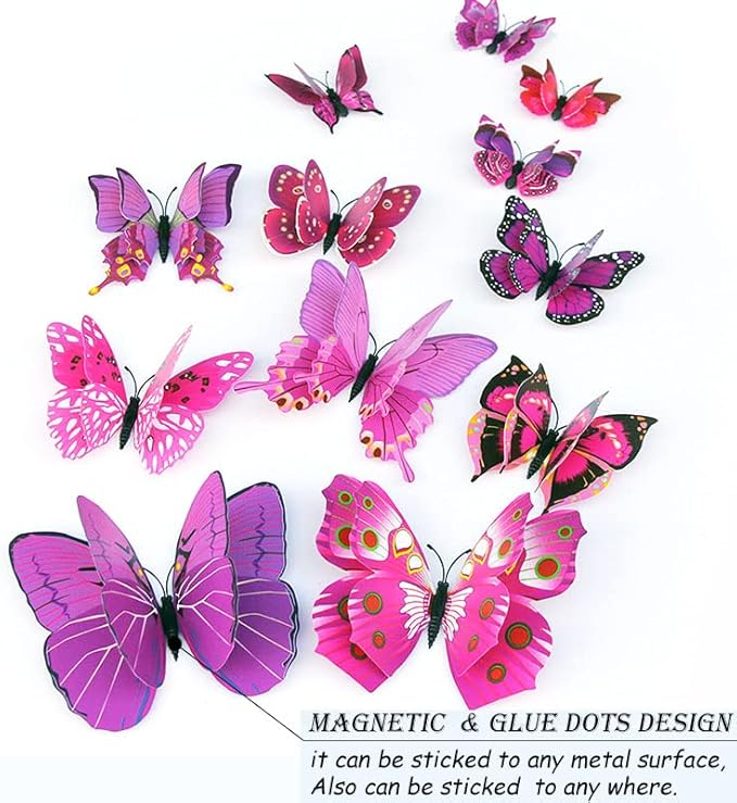 OPSEAM Butterfly Wall Decor 72 PCS, 3D Butterflies Stickers for Party Decorations with Magnets (Purple, 72)