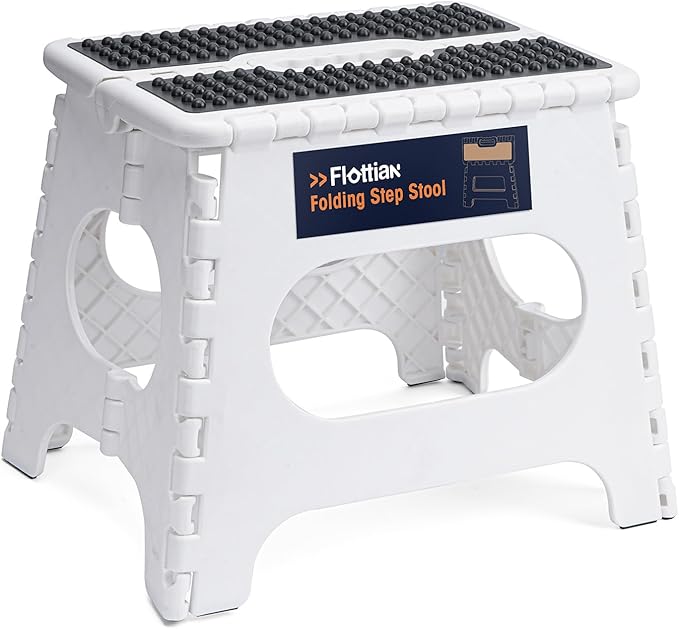 Flottian 11" Folding Step Stool for Adults and Kids Holds Up to 300 lbs,Non-Slip Folding Stools with Portable Handle, Compact Plastic Foldable Step Stool for Bathroom,Bedroom, Kitchen, White,1PC