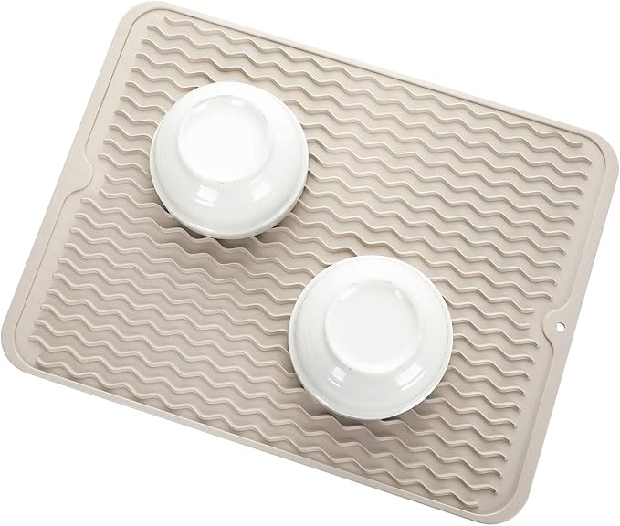 MicoYang Silicone Dish Drying Mat for Multiple Usage,Easy clean,Eco-friendly,Heat-resistant Silicone Mat for Kitchen Counter or Sink,Refrigerator or drawer liner Tapioca L 16 inches x 12 inches
