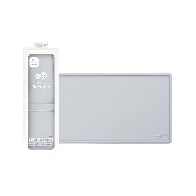 ezpz Tiny Placemat (Pewter) - 6 Months+ - Non-Slip, 100% Silicone Placemat for Infants and Toddlers - Fits on Most Highchair Trays - Rolls-Up - Baby Led Weaning Supplies