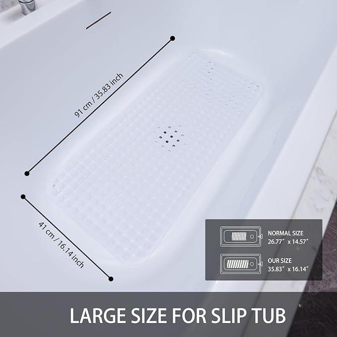 Extra Large Non-Slip Bathtub Mat, 36x17” TPR Shower Mat with 198+ Suction Cups, Bath Mat for Elderly/Kids, Machine Washable & Fast Drainage, Foot Massage Design (White, Extra Large)