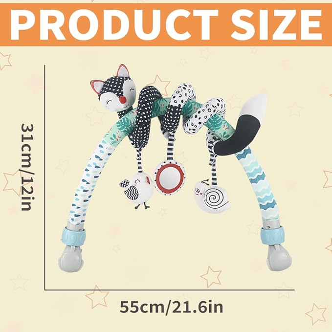Baby Stroller Arch Toys, Black and White Hanging Toy Activity Set, Stretch & Spiral Adjustable Clamp for Cribs & Car Seats, Includes Rattles, Squeaker & Teether for Newborns and Infants (02)