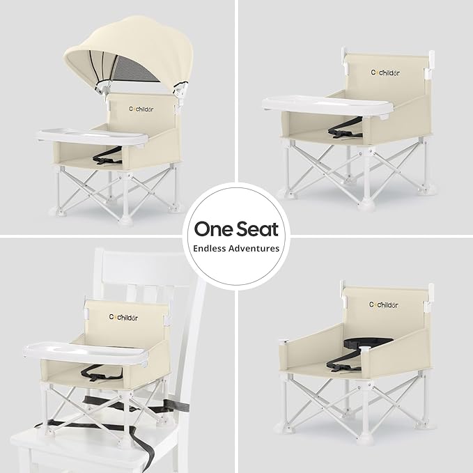 Cochildor 4-in-1 Portable Baby Chair, Foldable Toddler Booster Seat with Removable Tray, Canopy & Safety Harness, Beige