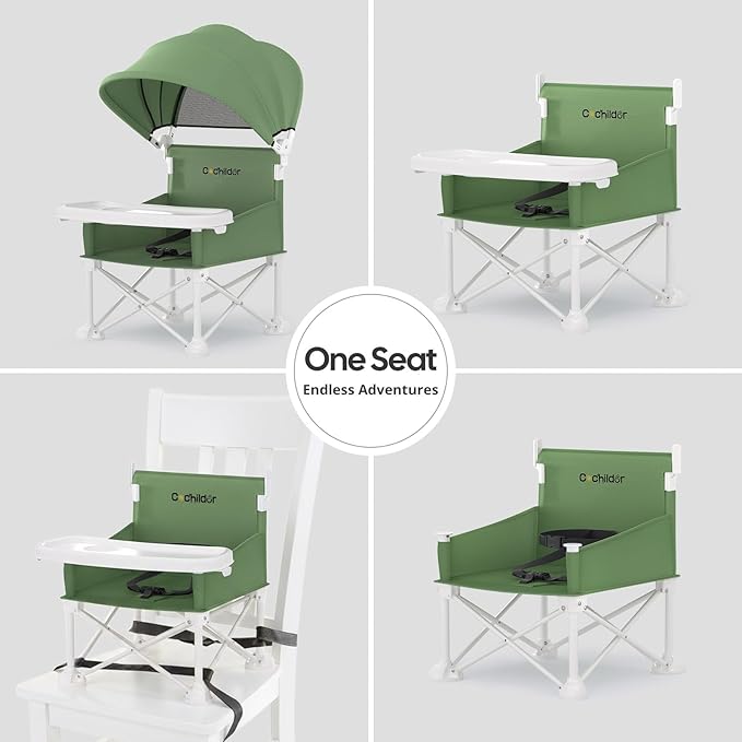 Cochildor 4-in-1 Portable Baby Chair, Foldable Toddler Booster Seat with Removable Tray, Canopy & Safety Harness, Green