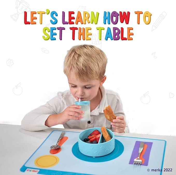 Merka Place Setting Placemat for Kids - 17 x 11 in, Multicolor Silicone, 2-Pack for Ages 2+ - Reusable & Washable Educational Placemat with Guided Utensil Placement & Table Manners