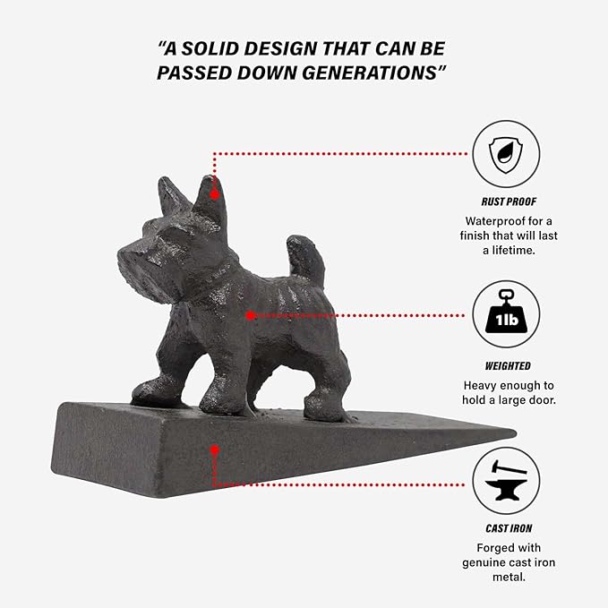 Dog Door Stopper Metal | Decorative Animal Statue Wedge Made from Heavy Duty Cast Iron | Anti Slip Design for All Floors | Black – 5.5” x 3.5” X 2.25” | by SEBAGO IRONWORKS, Black Cast Iron