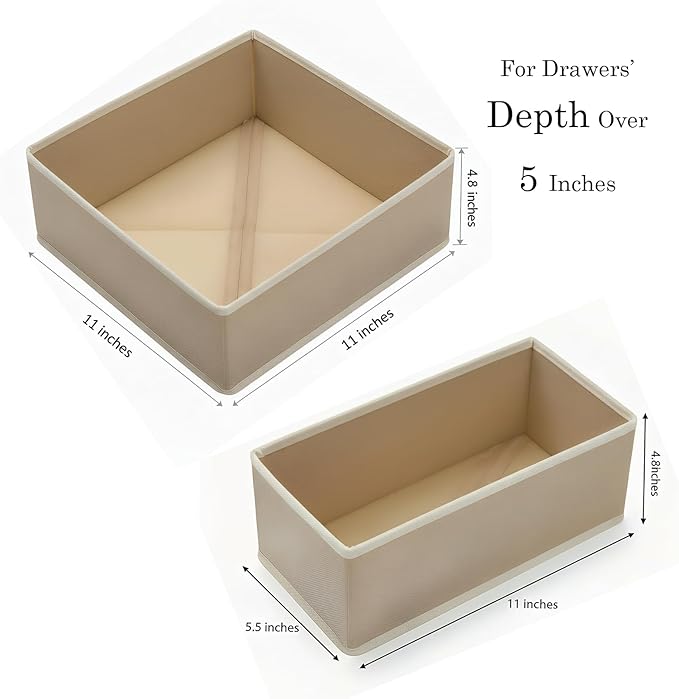 4-Pack Drawer Organizer Set - Foldable Fabric Storage Bins with Zipper Bottom for Underwear, Socks, Bras & Baby Clothes - 11"x11"x4.8" Large & 11"x5.5"x4.8" Small Bins, Grey