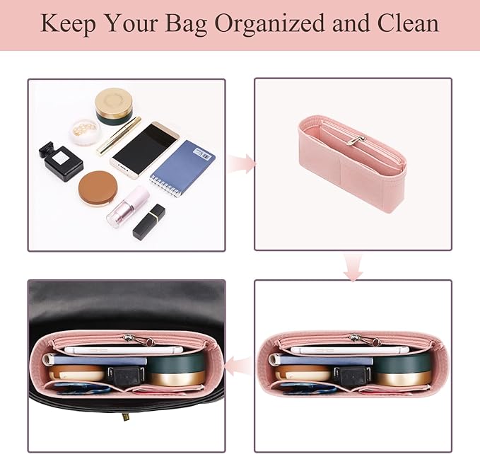 Chispee Felt Bag Organizer Insert with Zipper for Small Tote, Baguette & Handbags (Small, Pink)