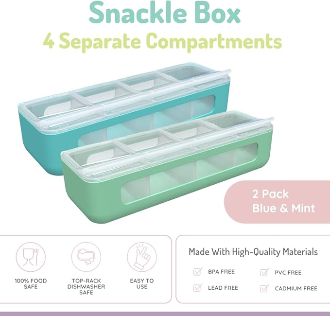 melii Snackle Box | 4 Compartment Divided Snack Container with Individual Lids, Kids Lunch & Travel Food Storage Organizer, BPA-Free, 2-Pack (Blue + Mint)