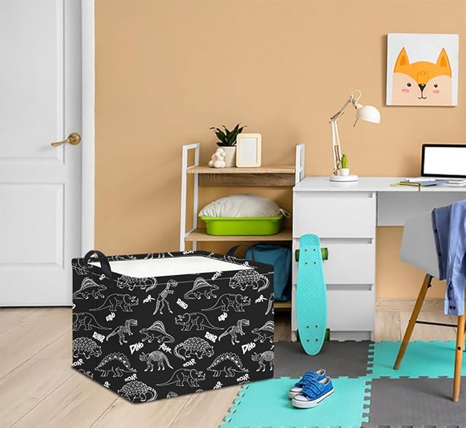 HKEC Rectangle Storage Basket with Handles,Collapsible Storage Bin,Books Box,Gift Basket(Black Line Dinosaur)