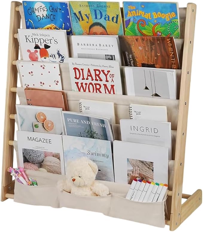 HDView Kids Bookshelf 7 Tier Wooden Book Organizer Toddler Book Sling Rack with Deep Sleeves for Boys Playroom Nursery Bedroom, Space Saver, Up to 200 Kids Books