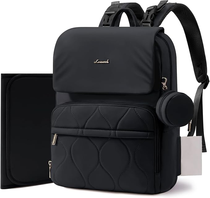 LOVEVOOK Diaper Bag Backpack, Baby Travel Bags for Boys & Girl, Toddler Waterproof Diaper Bag w/Changing Pad (All Black, 15.6''-Small)
