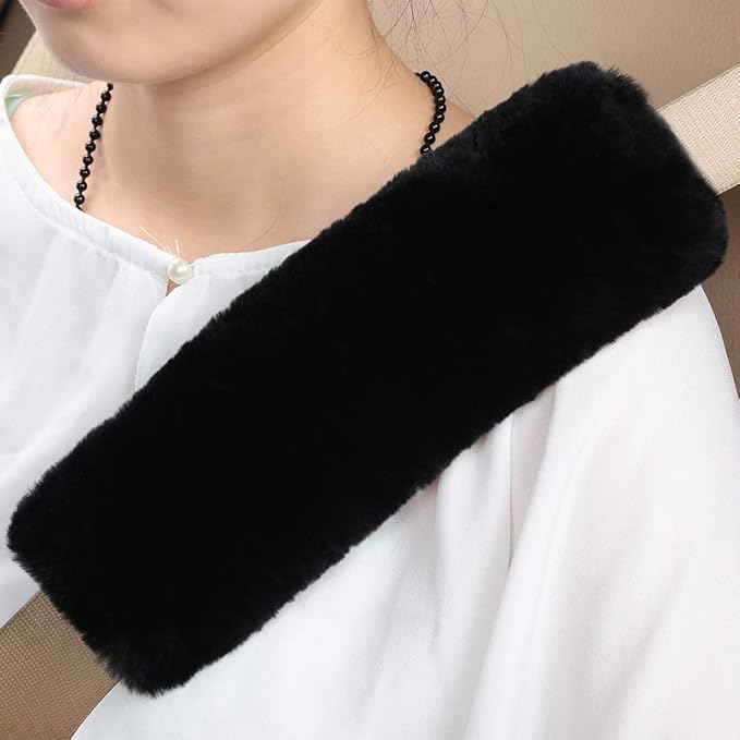 OGLAND Authentic Sheepskin Car Seat Belt Pad,2 Pack Soft Seat Belt Cover for Shoulder Pad Neck Cushion Protector Car Accessories by Genuine Natural Merino Wool (Black)