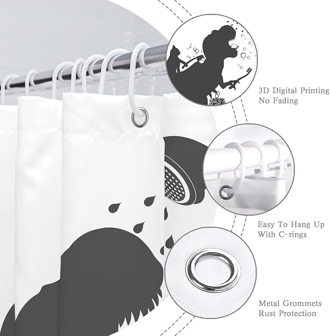 Cat Dinosaur Shower Curtain Funny Cartoon Cat Dino Bathe for Kids Boys Trex Silhouette Shadow Black White Design Artwork Bathroom Decor Waterproof Fabric 72Lx72W Inch with Hooks