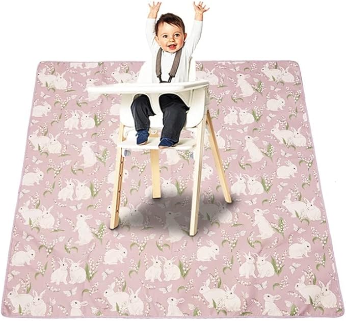 Splat Mat for Under High Chair/Arts/Crafts, Washable Baby Spill Mat Waterproof Non-Slip Floor Splash Mat, Portable Baby Play Mat and Table Cloth (Rabbit, 43"x 43")