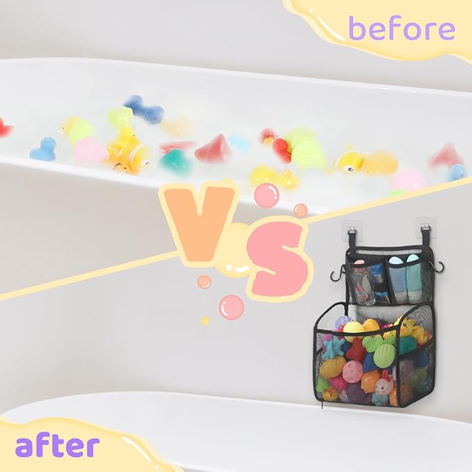 Goowin Bath Toy Storage Holder, Large Openings Bath Toy Organizer, Large Capacity Mesh Bathtub Toy Storage, Multi Use Bath Tub Toy Holder for Bathroom (Black)