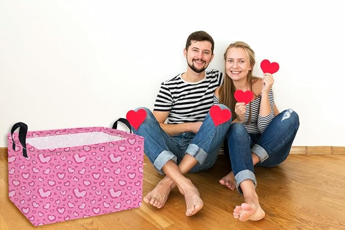 Essme Rectangular Valentine's Day Basket,Pink Heart Storage Bins Organizer with Handles for Girls Room Decor, Gift Basket,Shelf Basket.(Leopard print heart)