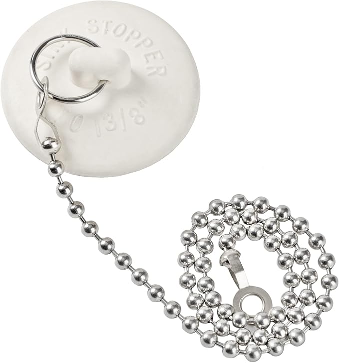 2 Packs Tub Stopper, Rubber Bathtub Stoppers Drain Plug with 15" Stainless Steel Beaded Chain, Premium Bathroom Plug Fit for 1" to 1-3/8" Kitchen Sink, Bathroom Bath tub, Drain Stopper, White