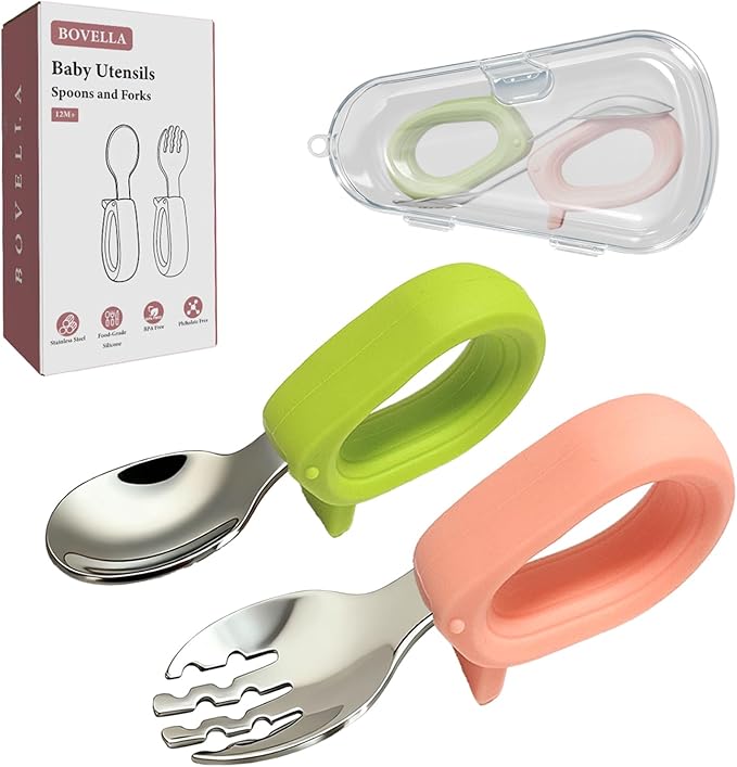 Toddler Utensils, Stainless Steel Baby Forks and Spoons Set with Silicone Handle, Kids Silverware with Portable Storage Case, Baby Feeding Essentials, Dishwasher Safe (Green+Pink)