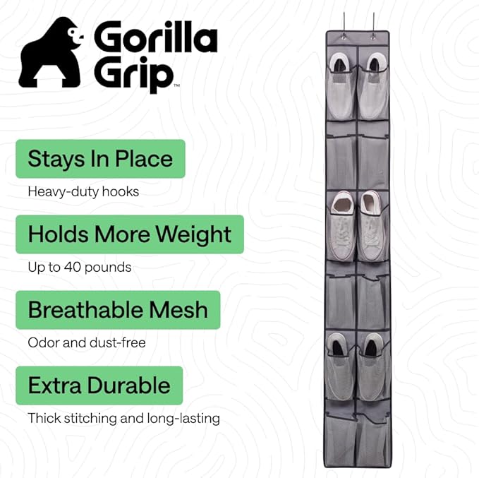 GORILLA GRIP Over the Door Shoe Organizer, 12 Large Breathable Mesh Pockets, Space Saving Hanging Storage Holder, 2 Hook Closet Rack Hanger, Hangs on Closets for Shoes, Accessories, 64H x 9.5W Gray
