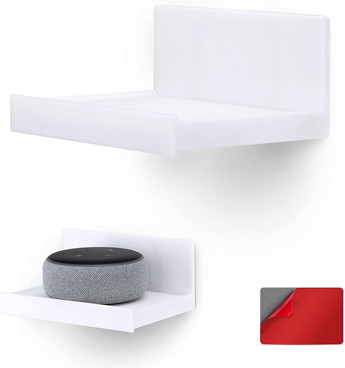 BRAINWAVZ 5.4" Adhesive Small Floating Shelf for Speakers, Books, Plants, Cameras, Toys, Decor & More, Screwless Wall Shelves, Easy to Install (SHELF180, White)