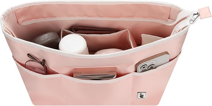 SDANG Purse Organizer Insert with Zipper – Pink Handbag & Tote Bag Organizer | Bag-in-Bag Insert with Pockets for Purses, Totes & Travel(Pink,Medium 28)