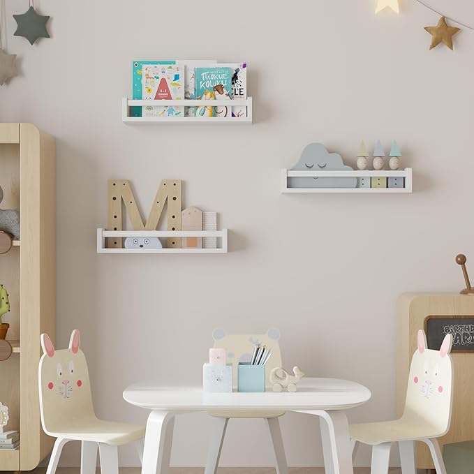 Heimlove Nursery Floating Shelves, Solid Wood Nursery Book Shelves for Wall, 16 inch Bookshelf for Kids, Wall Mounted Shelves for Books,Toys and Decor Storage, Set of 2 (White)