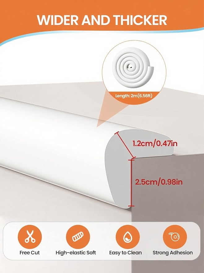 QYV Baby Proof Edge Corner Protector, 6.56FT 0.47''Th L-Shape Furniture Corner & Edge Safety Bumpers with 6 Corners, Pre-Taped, Soft NBR Rubber Foam Desk Edge Cushion Wall Corner Protector（White-gray）