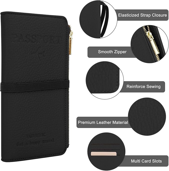 DOB SECHS Leather Passport Holder for Women, RFID Blocking Passport Wallet Credit Cards Case, Travel Accessories Organizer Pouch Bag with ID Window+Zippered Cash Pocket+SIM Slots, Green