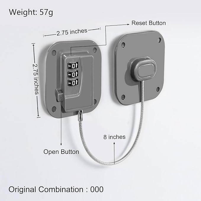 Refrigerator Lock, Heavy Duty Fridge Lock, Combination Lock for Refrigerator Cabinets, Drawers, Safety, Easy Install No Keys Needed (Grey-3Pack)