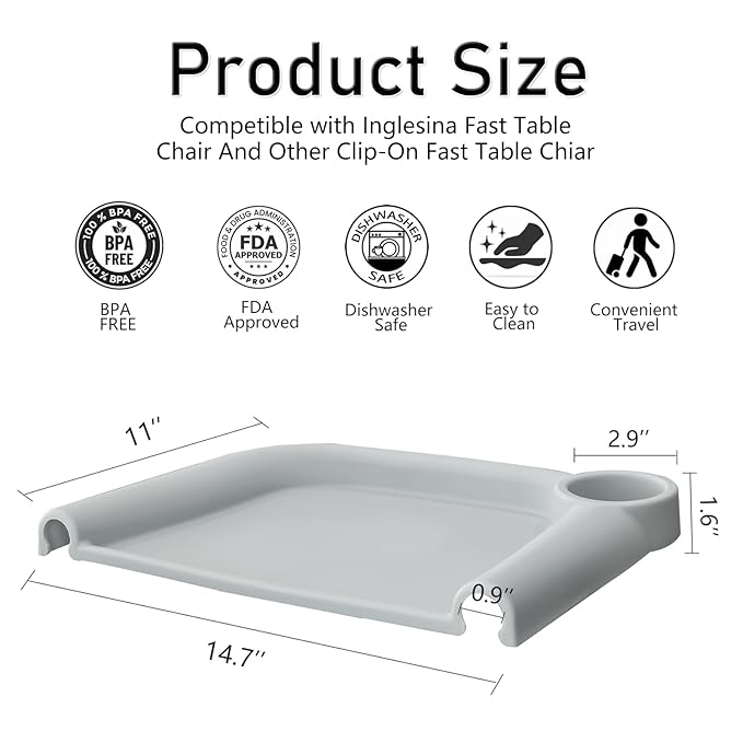 Baby Dining Tray Compatible with Inglesina Fast Table Chair Silicone Baby Feeding Tray for Clip-On Fast Table Chair Dishwasher Safe BPA Free Silicone Removable Dining Tray Accessory -Gray