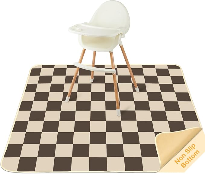 Splat Mat for Under High Chair 42 x 42 Inch Waterproof Baby Splash Mat with Non Slip Bottom Reusable Portable Highchair Mat for Floor Food Catcher for High Chair, Gray Checkerboard